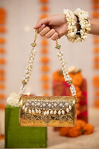 Gold Metallic Kundan & Pearl Embellished Handbag by 5 Elements