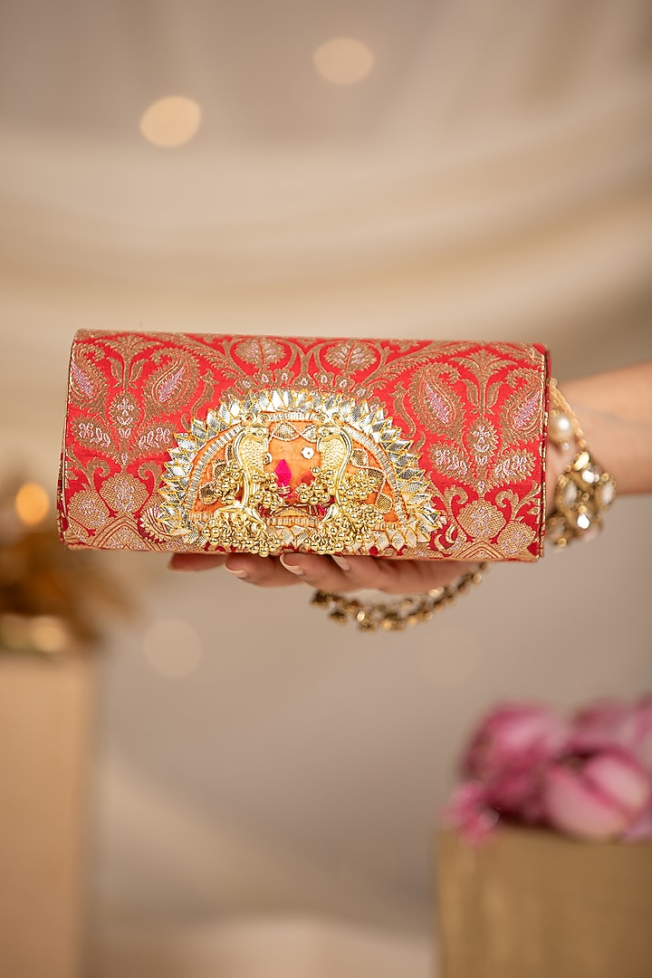 Red Banarasi Silk & Brocade Pearl Work Handbag by 5 Elements at Pernia's Pop Up Shop