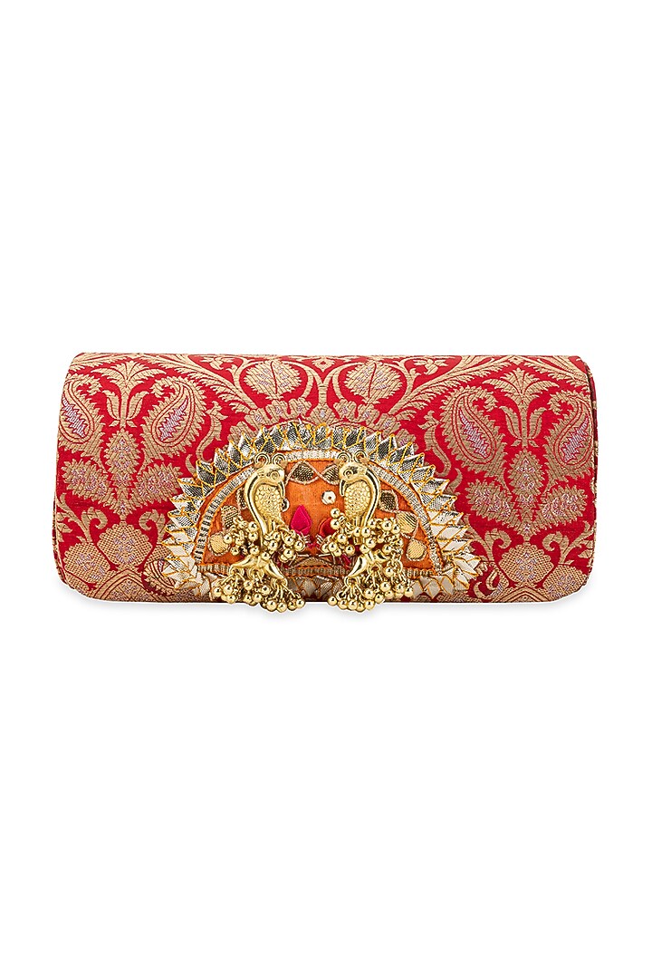 Red Banarasi Silk & Brocade Pearl Work Handbag by 5 Elements at Pernia's Pop Up Shop