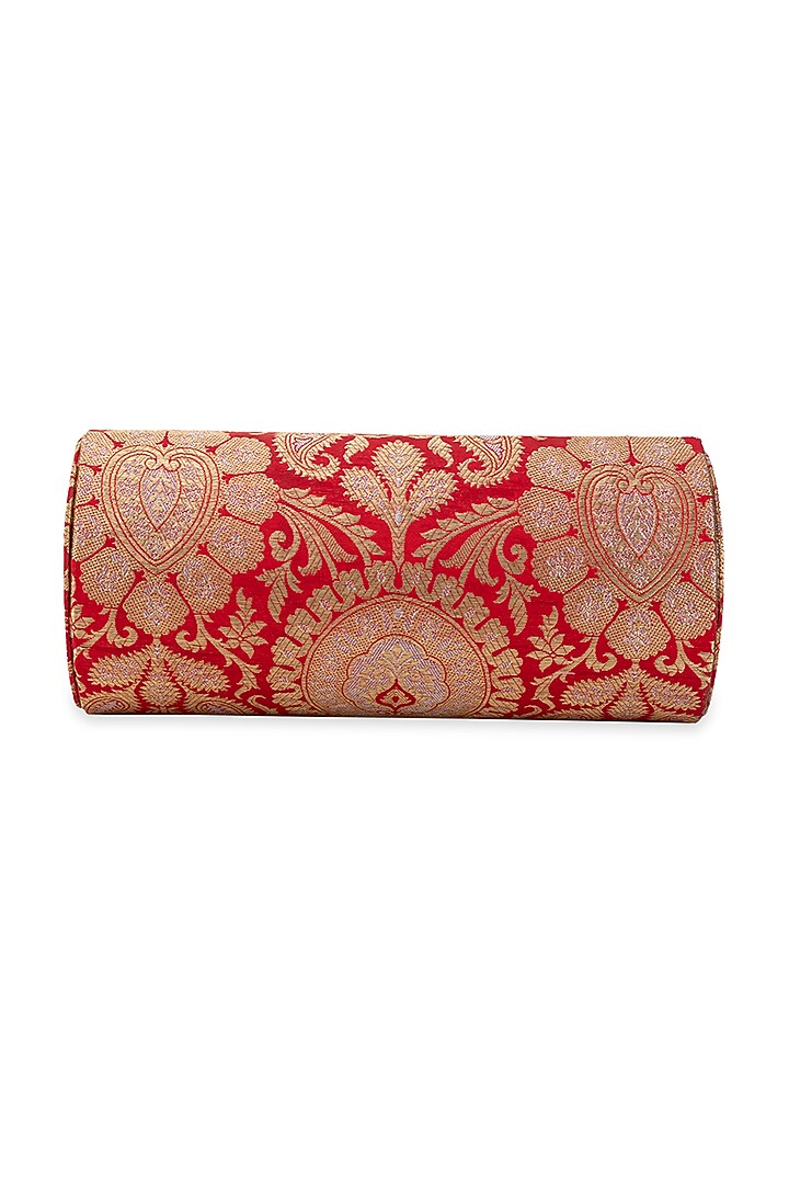 Red Banarasi Silk & Brocade Pearl Work Handbag by 5 Elements at Pernia's Pop Up Shop