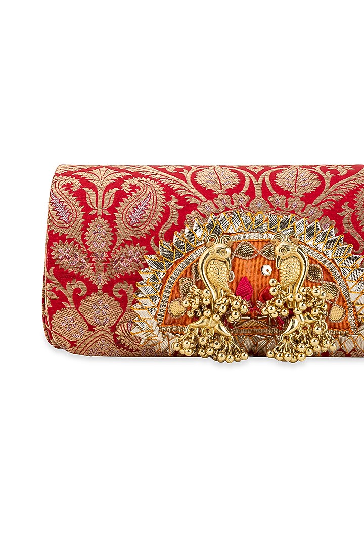 Red Banarasi Silk & Brocade Pearl Work Handbag by 5 Elements at Pernia's Pop Up Shop