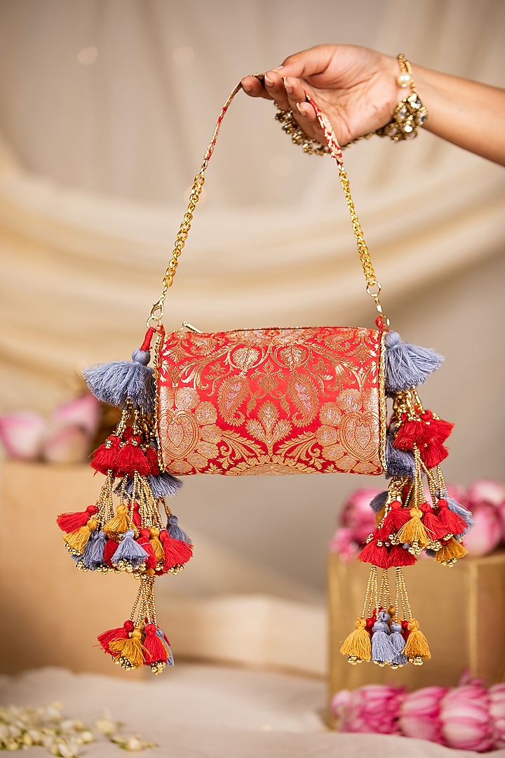 Red Brocade Embroidered Handbag by 5 Elements at Pernia's Pop Up Shop