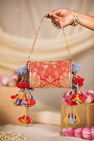 Red Brocade Embroidered Handbag by 5 Elements