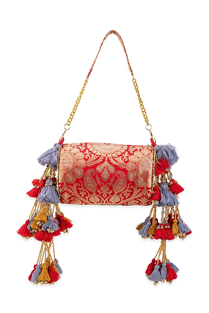 Red Brocade Embroidered Handbag by 5 Elements at Pernia's Pop Up Shop