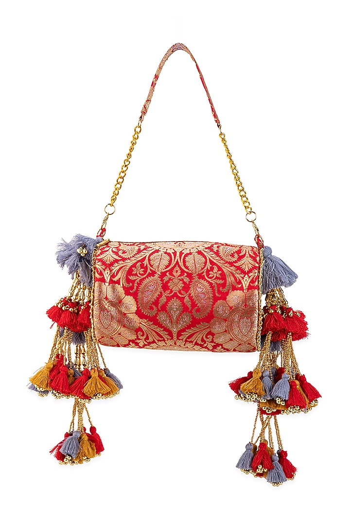Red Brocade Embroidered Handbag by 5 Elements at Pernia's Pop Up Shop
