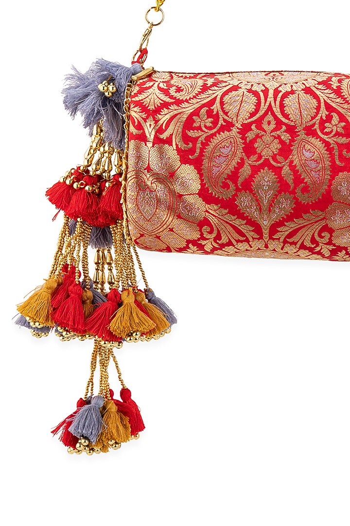 Red Brocade Embroidered Handbag by 5 Elements at Pernia's Pop Up Shop