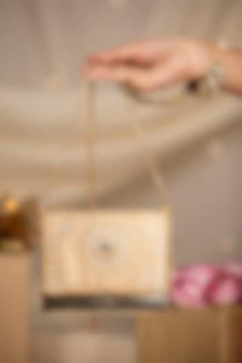 Peach Brocade & PU Kundan Embellished Handbag by 5 Elements at Pernia's Pop Up Shop