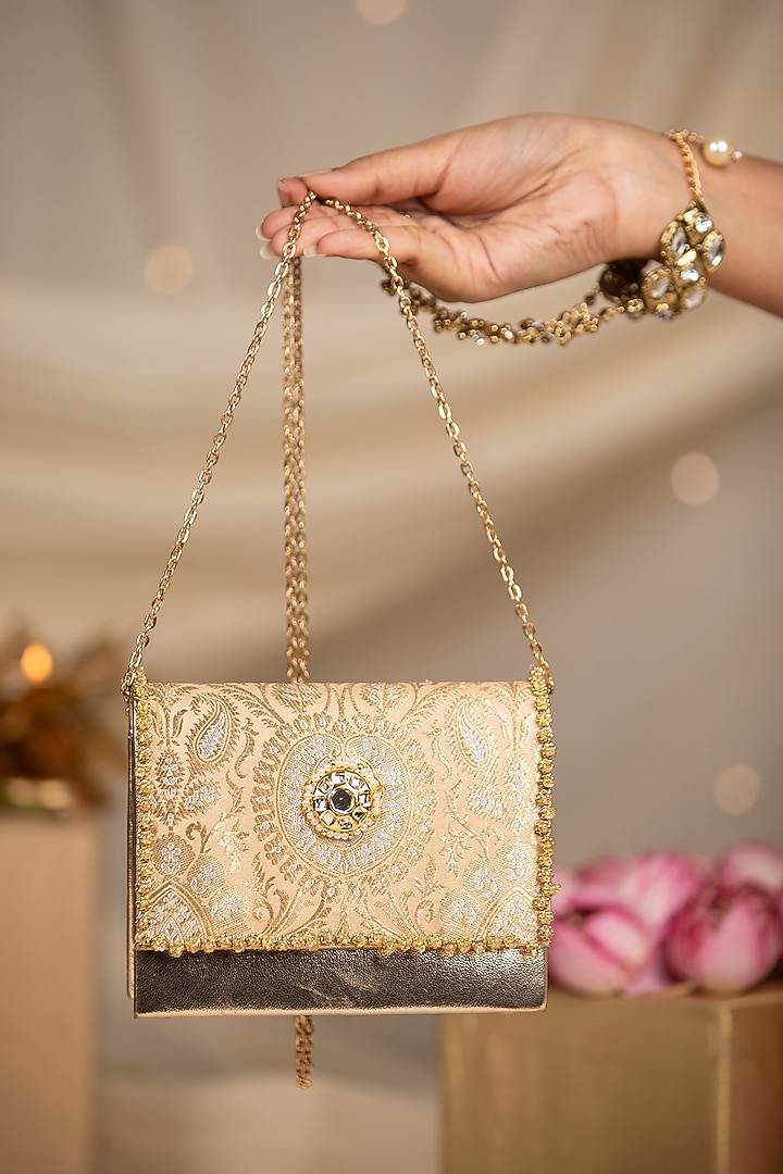 Peach Brocade & PU Kundan Embellished Handbag by 5 Elements at Pernia's Pop Up Shop