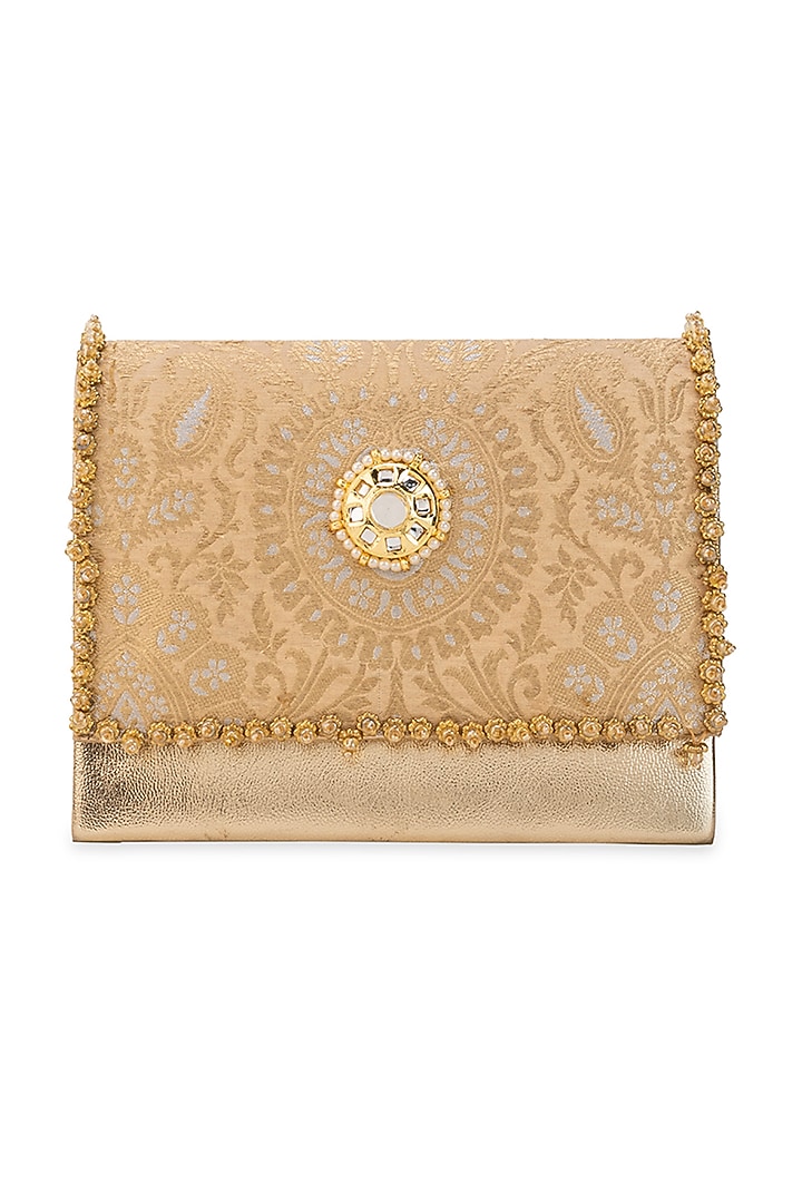 Peach Brocade & PU Kundan Embellished Handbag by 5 Elements at Pernia's Pop Up Shop