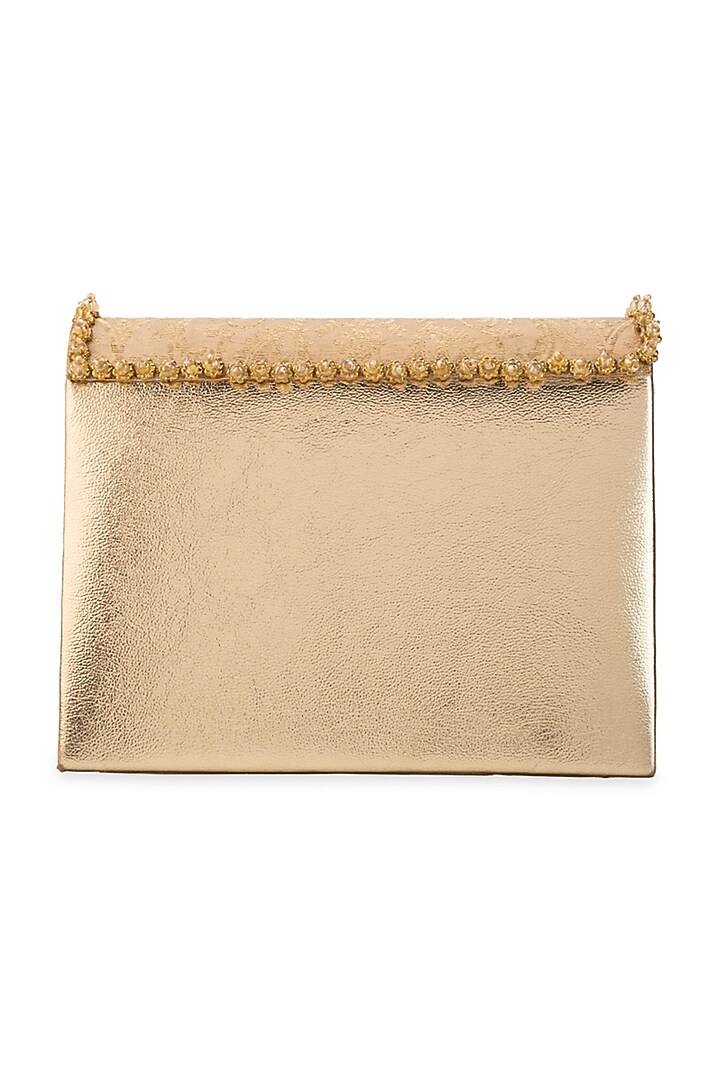 Peach Brocade & PU Kundan Embellished Handbag by 5 Elements at Pernia's Pop Up Shop