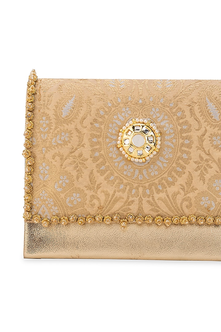 Peach Brocade & PU Kundan Embellished Handbag by 5 Elements at Pernia's Pop Up Shop