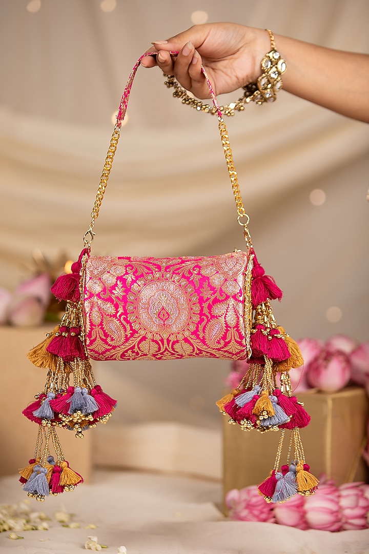 Fuchsia Pink Brocade Handbag by 5 Elements at Pernia's Pop Up Shop