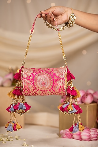 Fuchsia Pink Brocade Handbag by 5 Elements