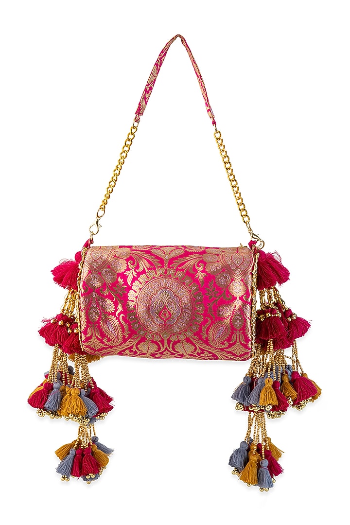 Fuchsia Pink Brocade Handbag by 5 Elements at Pernia's Pop Up Shop