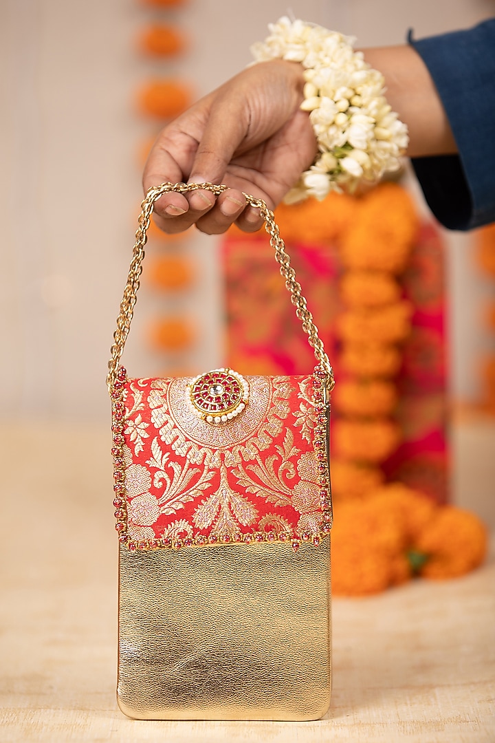 Red Brocade & PU Handbag by 5 Elements at Pernia's Pop Up Shop