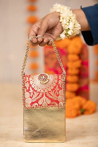 Red Brocade & PU Handbag by 5 Elements