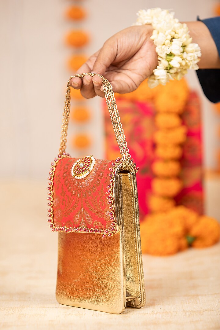 Red Brocade & PU Handbag by 5 Elements at Pernia's Pop Up Shop