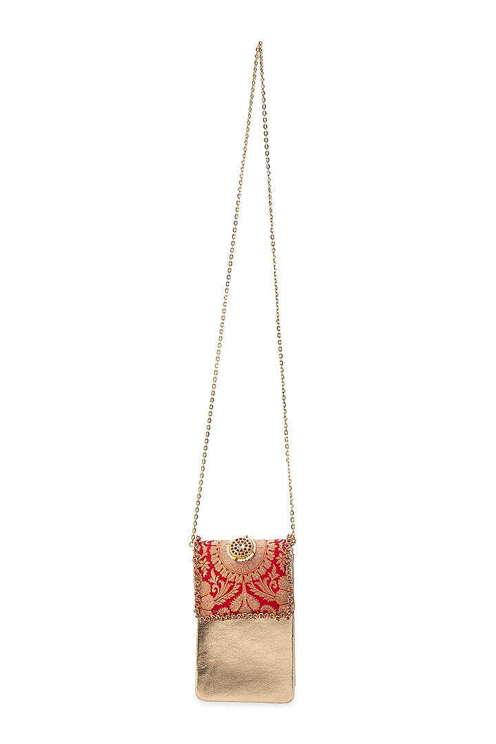 Red Brocade & PU Handbag by 5 Elements at Pernia's Pop Up Shop