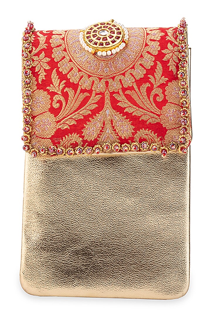 Red Brocade & PU Handbag by 5 Elements at Pernia's Pop Up Shop