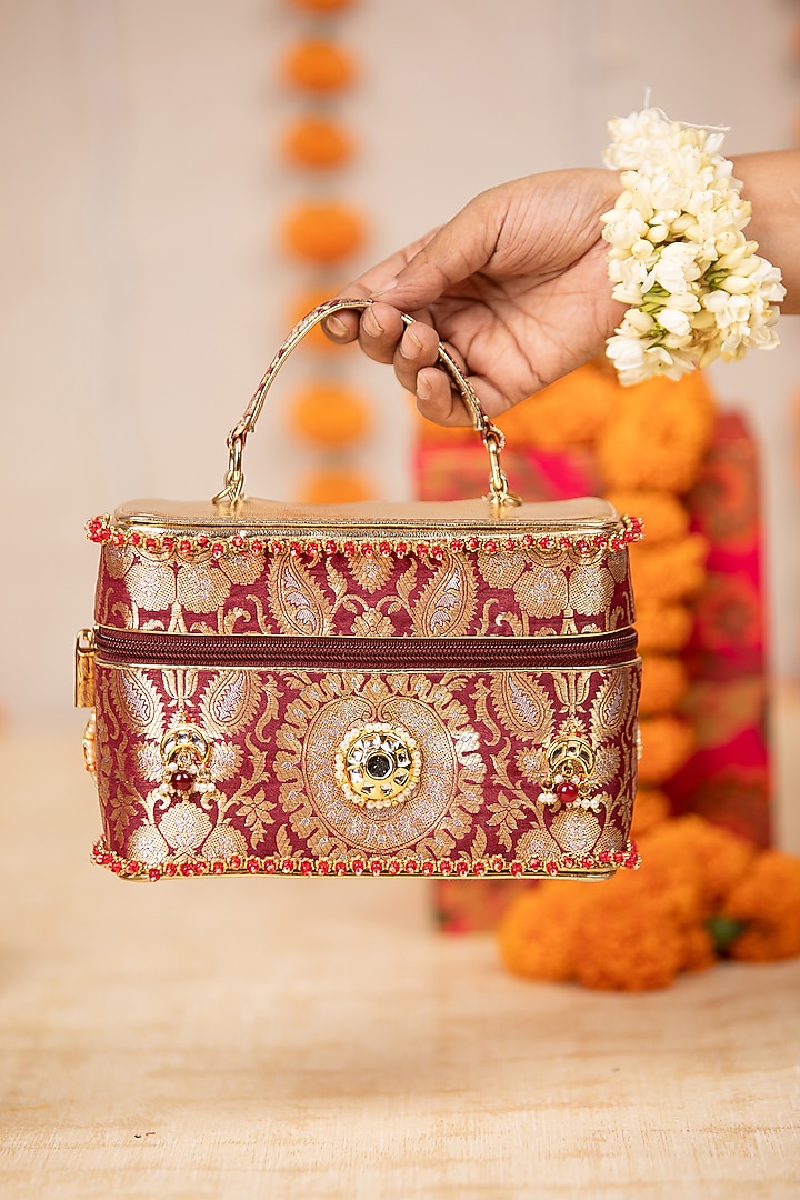 Maroon Brocade & PU Kundan Embellished Handbag by 5 Elements at Pernia's Pop Up Shop