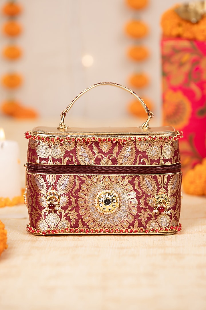 Maroon Brocade & PU Kundan Embellished Handbag by 5 Elements at Pernia's Pop Up Shop