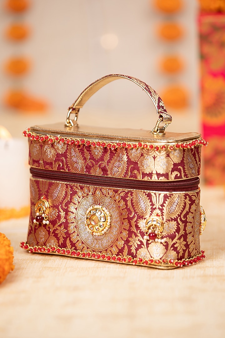 Maroon Brocade & PU Kundan Embellished Handbag by 5 Elements at Pernia's Pop Up Shop