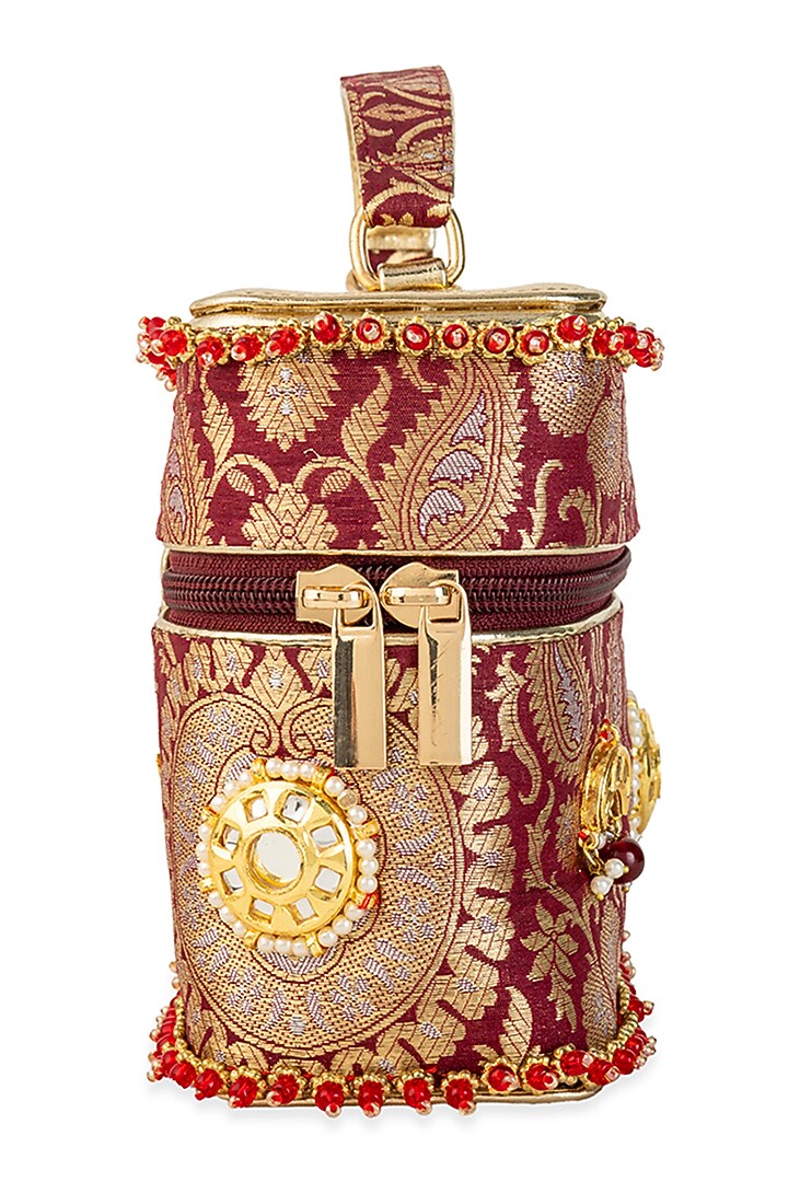 Maroon Brocade & PU Kundan Embellished Handbag by 5 Elements at Pernia's Pop Up Shop