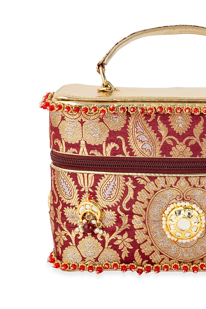 Maroon Brocade & PU Kundan Embellished Handbag by 5 Elements at Pernia's Pop Up Shop