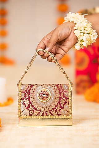 Maroon Brocade & PU Kundan Embellished Handbag by 5 Elements