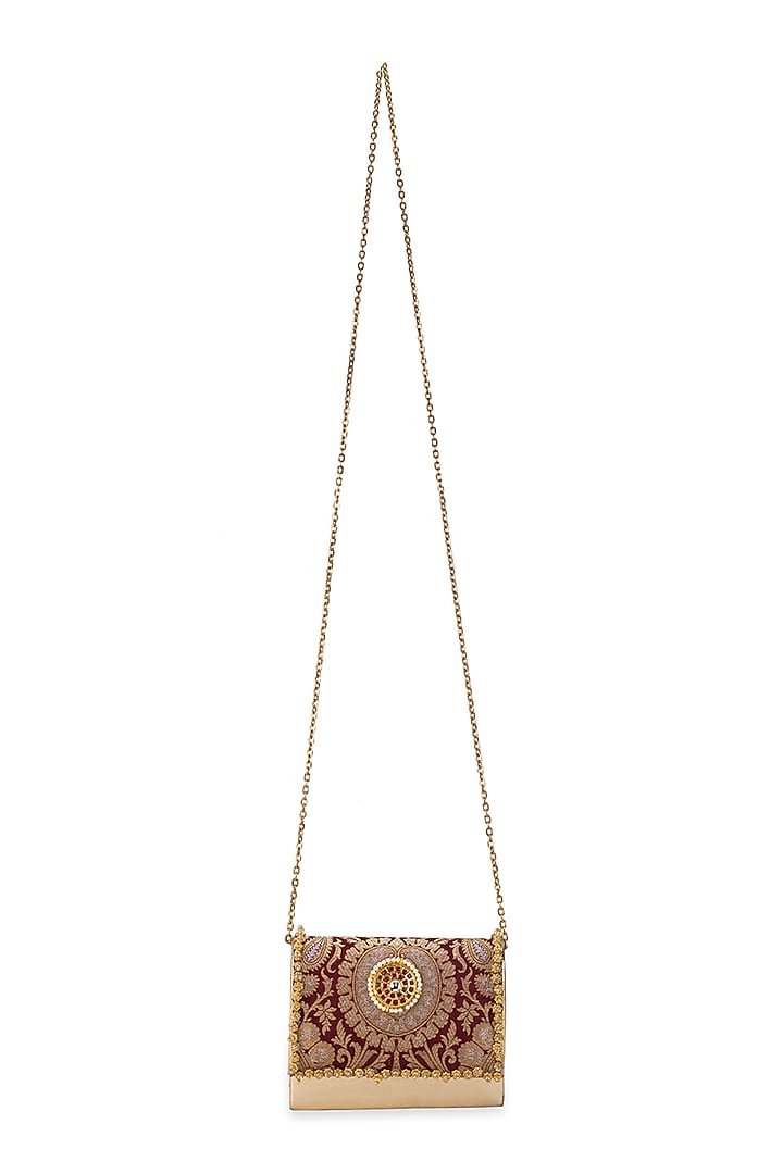 Maroon Brocade & PU Kundan Embellished Handbag by 5 Elements at Pernia's Pop Up Shop