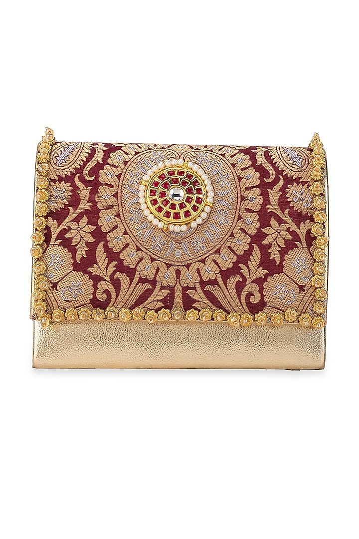 Maroon Brocade & PU Kundan Embellished Handbag by 5 Elements at Pernia's Pop Up Shop