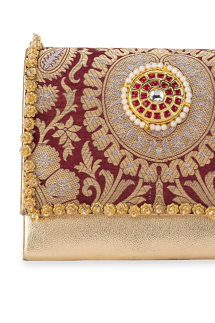 Maroon Brocade & PU Kundan Embellished Handbag by 5 Elements at Pernia's Pop Up Shop