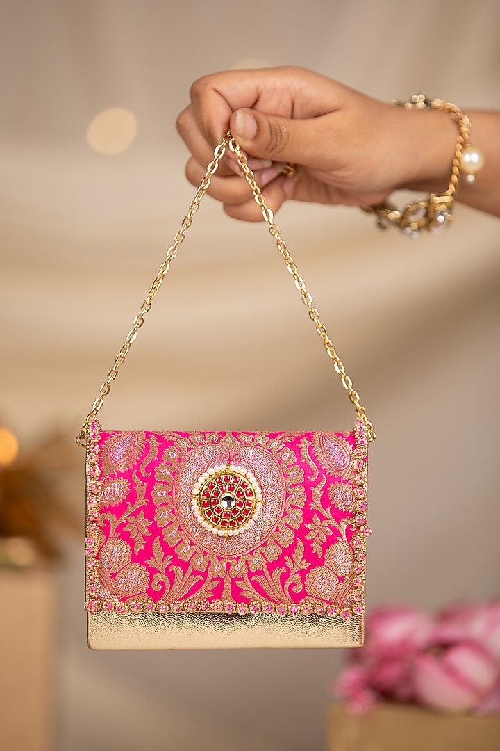Pink Brocade & PU Kundan Embellished Handbag by 5 Elements at Pernia's Pop Up Shop