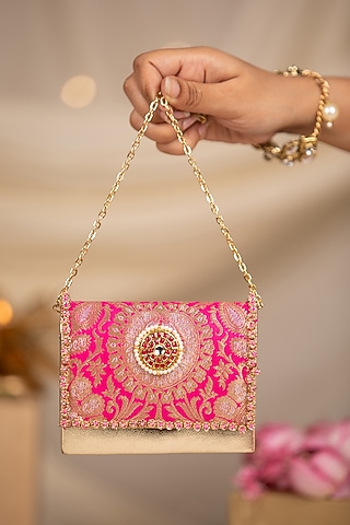 Pink Brocade & PU Kundan Embellished Handbag by 5 Elements