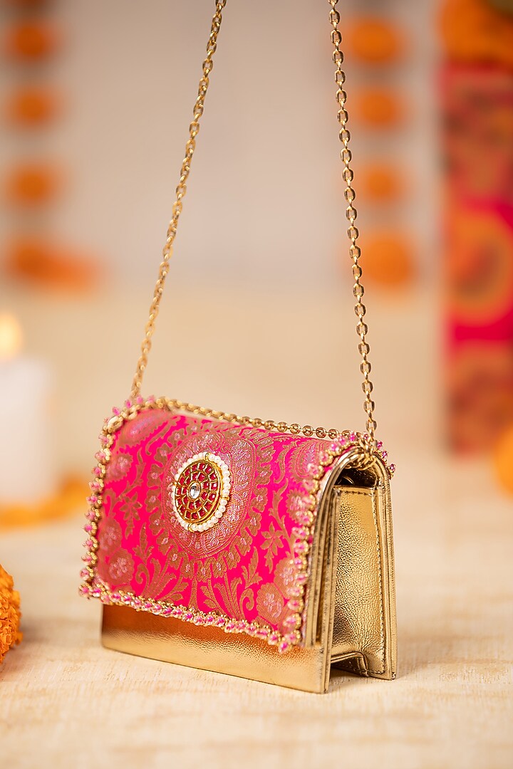 Pink Brocade & PU Kundan Embellished Handbag by 5 Elements at Pernia's Pop Up Shop