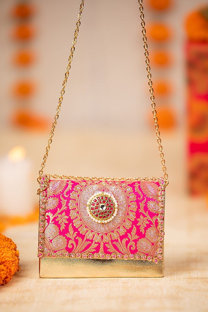 Pink Brocade & PU Kundan Embellished Handbag by 5 Elements at Pernia's Pop Up Shop