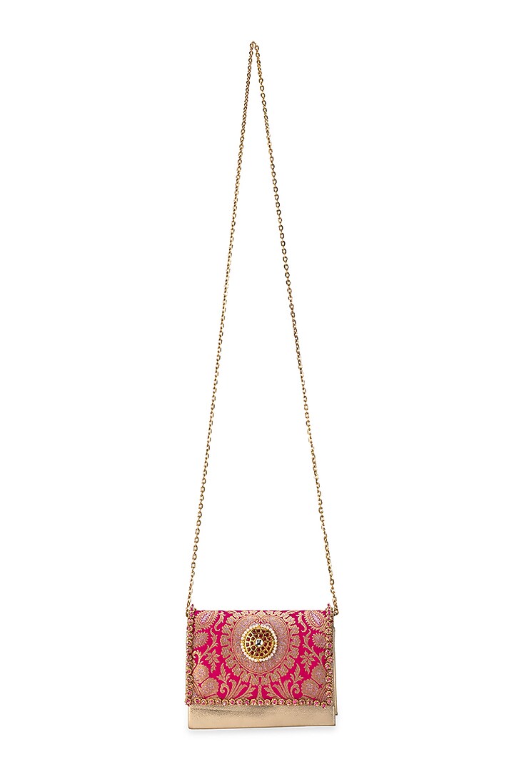 Pink Brocade & PU Kundan Embellished Handbag by 5 Elements at Pernia's Pop Up Shop