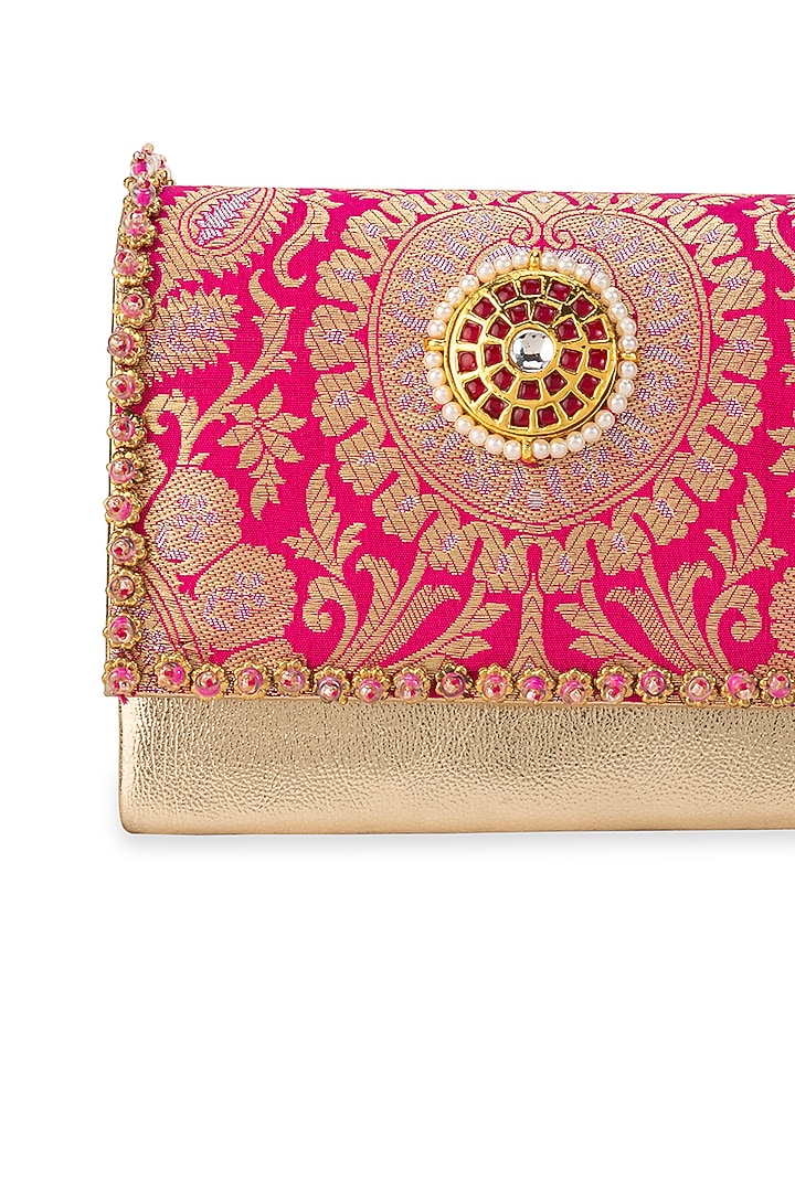 Pink Brocade & PU Kundan Embellished Handbag by 5 Elements at Pernia's Pop Up Shop