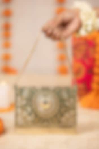 Green Brocade & PU Kundan Embellished Handbag by 5 Elements at Pernia's Pop Up Shop