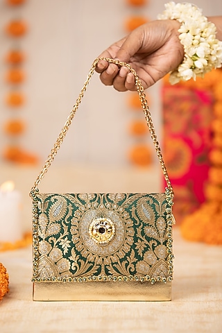 Green Brocade & PU Kundan Embellished Handbag by 5 Elements
