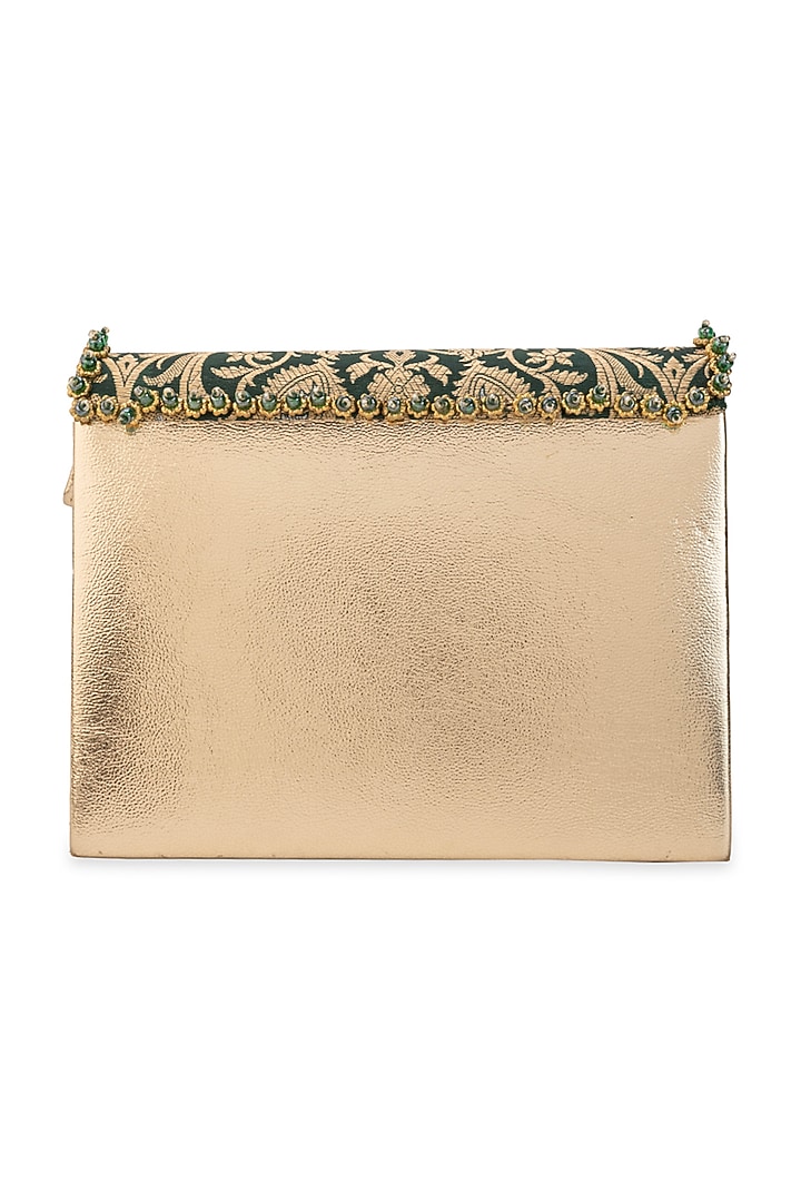 Green Brocade & PU Kundan Embellished Handbag by 5 Elements at Pernia's Pop Up Shop