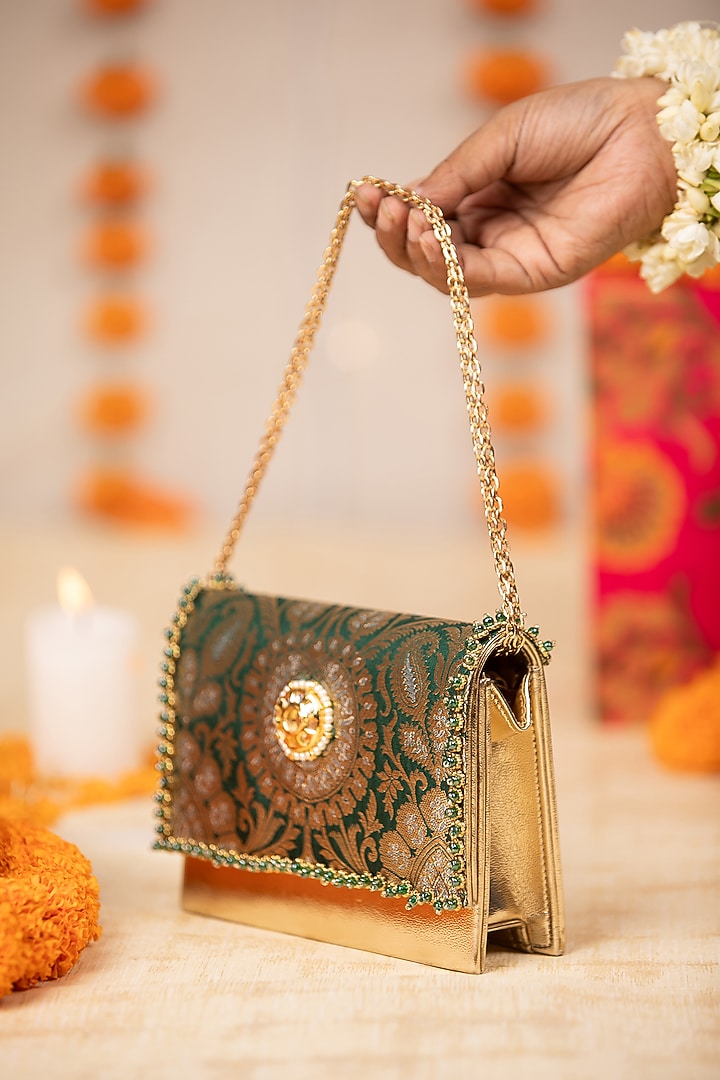 Green Brocade & PU Kundan Embellished Handbag by 5 Elements at Pernia's Pop Up Shop
