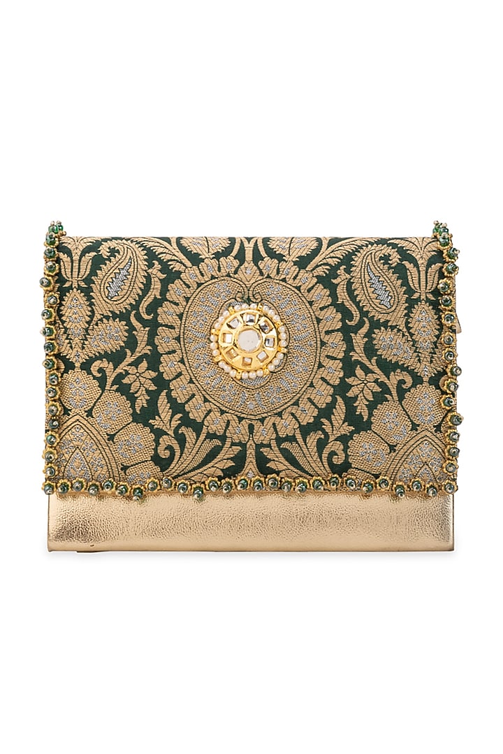 Green Brocade & PU Kundan Embellished Handbag by 5 Elements at Pernia's Pop Up Shop
