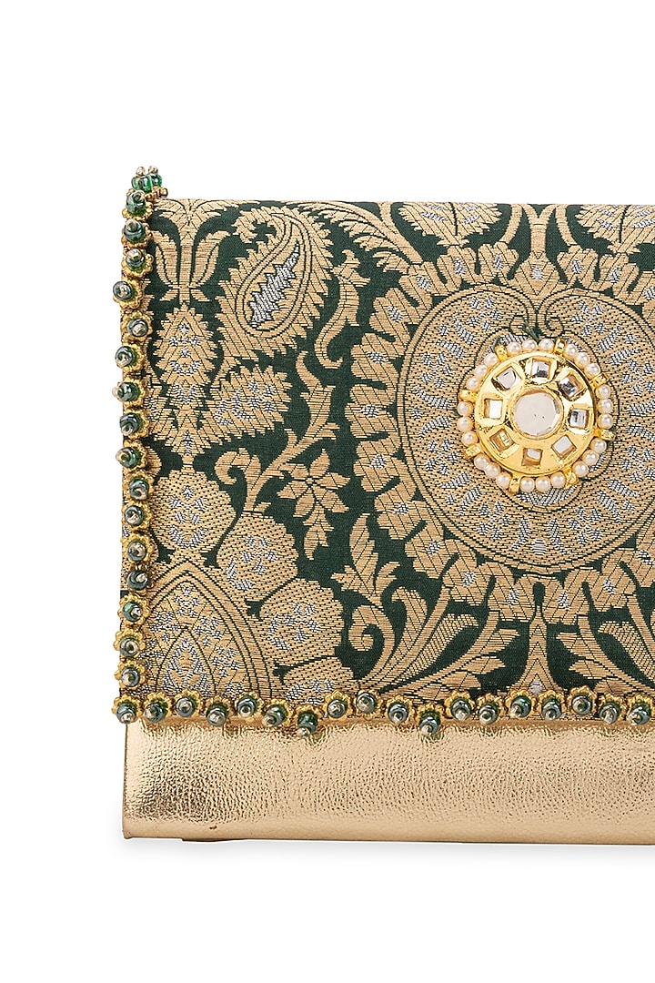 Green Brocade & PU Kundan Embellished Handbag by 5 Elements at Pernia's Pop Up Shop