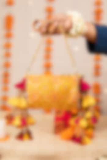 Yellow Brocade Zari Motif Embellished Handbag by 5 Elements at Pernia's Pop Up Shop