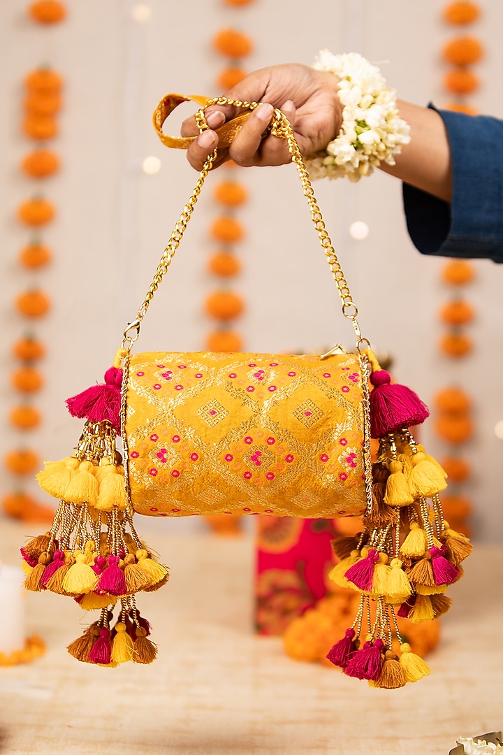 Yellow Brocade Zari Motif Embellished Handbag by 5 Elements at Pernia's Pop Up Shop