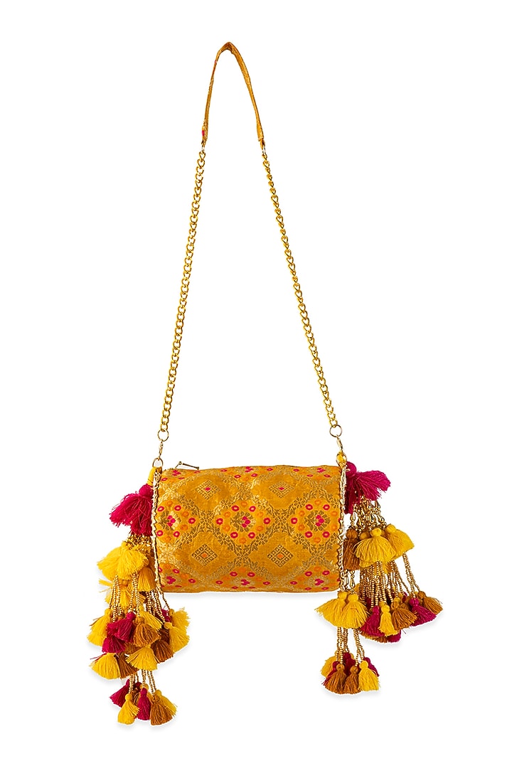 Yellow Brocade Zari Motif Embellished Handbag by 5 Elements at Pernia's Pop Up Shop