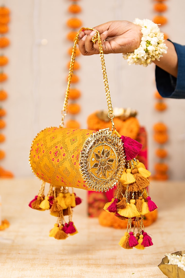 Yellow Brocade Zari Motif Embellished Handbag by 5 Elements at Pernia's Pop Up Shop