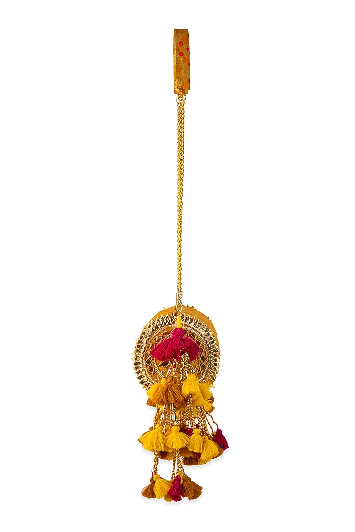 Yellow Brocade Zari Motif Embellished Handbag by 5 Elements at Pernia's Pop Up Shop
