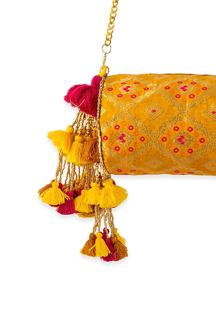 Yellow Brocade Zari Motif Embellished Handbag by 5 Elements at Pernia's Pop Up Shop